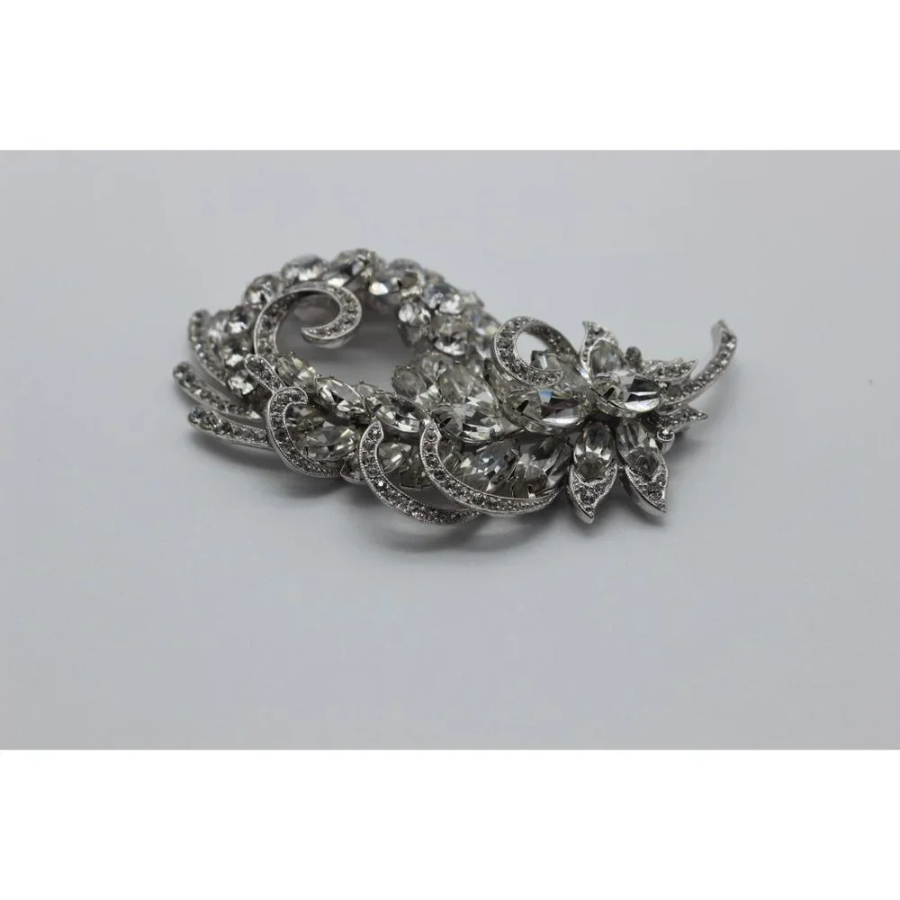 Vintage 40s 50s Eisenberg Ice clear rhinestone‎ floral swag leaf wedding brooch